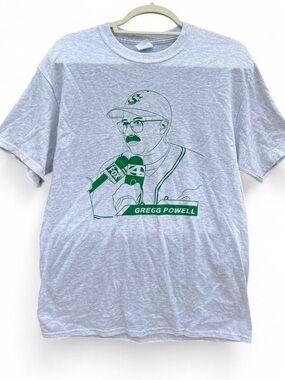 Port and Company Light Gray Tee with Green Gregg Powell Graphic